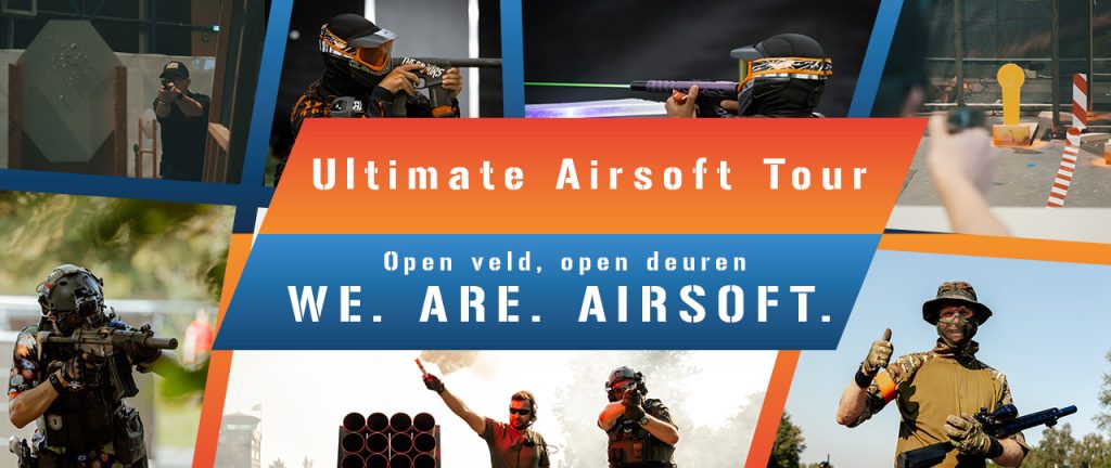 De header van de Ultimate Airsoft Tour waar je verschillende spelers en disciplines ziet.